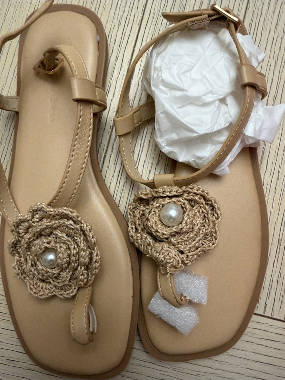 Wild Diva Tan Crochet Flower Pearl Toe-Loop Sandals